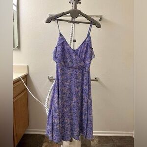 Lulus Purple Floral Printed Wrap Spaghetti Straps Ruffle Mini Dress Size L